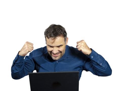Businessman celebrating and looking at your laptop. Transparent background - Powered by Adobe