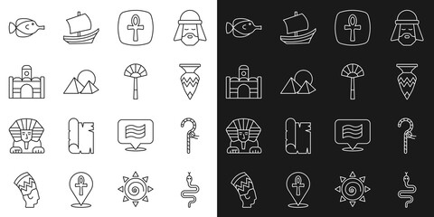 Set line Snake, Crook, Egyptian vase, Cross ankh, pyramids, house, Butterfly fish and fan icon. Vector