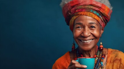 A smiling senior Afro woman, colorful clothes, and coffee on a blue studio background. Generative AI