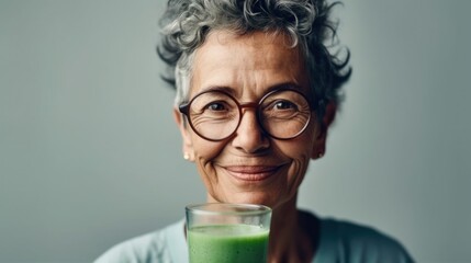 A senior woman in stylish neutral clothes smiles with a healthy green smoothie in a studio. Generative AI