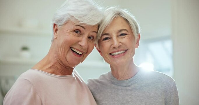 Senior friends, portrait and hug with a smile in home together with support, love and happy profile picture in retirement. Laughing, face and elderly women with old friendship and embrace in house