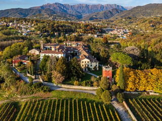 Autumnal magic and emotions on the ancient village. Between vineyards and colorful woods. Friuli. Top view - 639014878