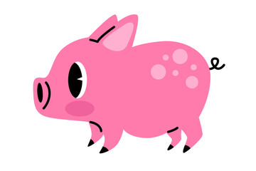 Cute mini pig, or pygmy pig, or teacup pig. Pink piggy cartoon illustration. Pet sticker. Piglet vector graphic  isolated on white background. Farm animal. Juliana pig breed.