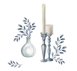 Set of glass jar, vase, candle, candlestick, branch. Watercolor hand drawn clipart isolated on white background. Halloween theme gothic horror witchy. print on the theme of pagan witchcraft, esoterics