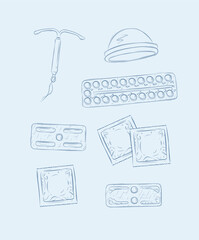 Women diaphragm, intrauterine device for contraception, pack of condom and birth control pills set drawing on blue background