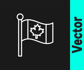 White line Flag of Canada icon isolated on black background. North America country flag on flagpole. Vector