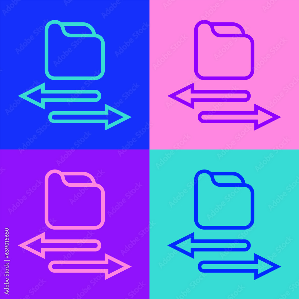 Poster pop art line transfer files icon isolated on color background. copy files, data exchange, backup, pc