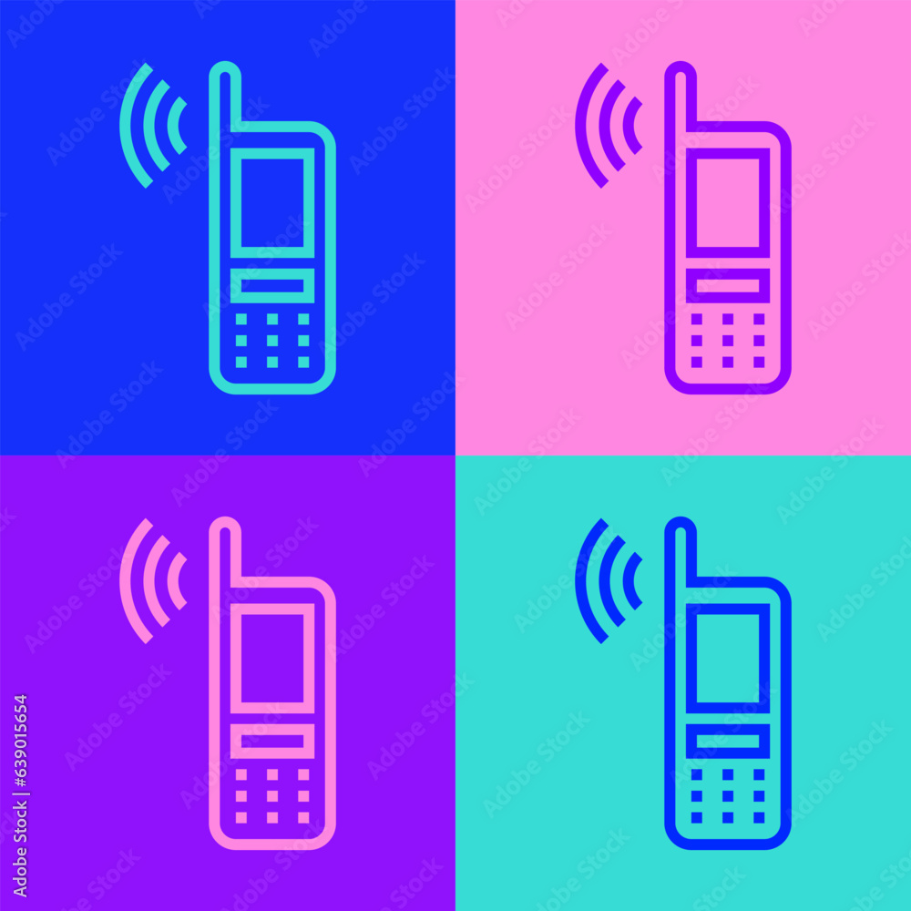 Poster pop art line smartphone with free wi-fi wireless connection icon isolated on color background. wirel