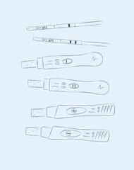 Pregnancy or ovulation tests composition drawing on blue background
