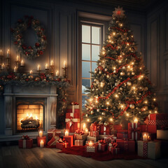 Ideal cozy festive room with a fire place decorated for Christmas