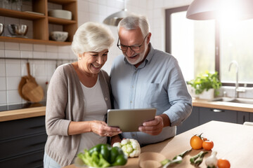 Happy senior couple cooking and having fun with digital tablet in kitchen