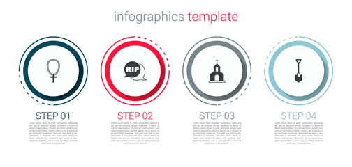 Set Christian cross on chain, Speech bubble rip death, Church building and Shovel. Business infographic template. Vector