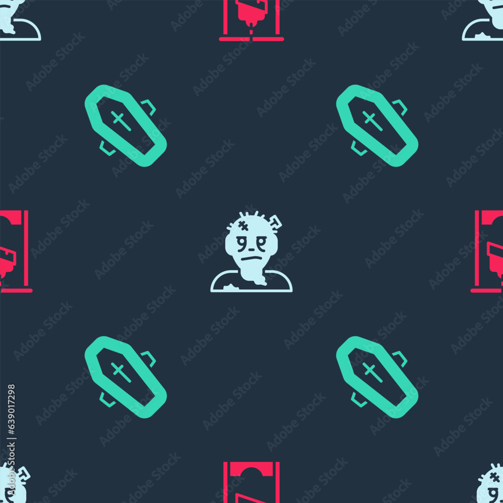 Poster set guillotine, zombie mask and coffin with cross on seamless pattern. vector