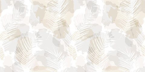 Tropical pattern, palm leaves seamless vector background. Watercolor leaves exotic jungle print - obrazy, fototapety, plakaty