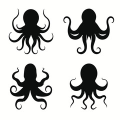 Octopus silhouettes and icons. Black flat color simple elegant Octopus animal vector and illustration.