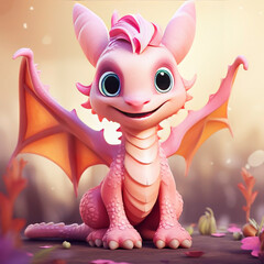 AI generated, photorealistic illustration, cute sweet baby dragon sitting and smiling. Animated movie character. 