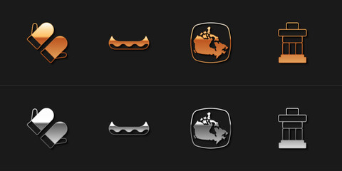 Set Christmas mitten, Kayak, Canada map and Inukshuk icon. Vector