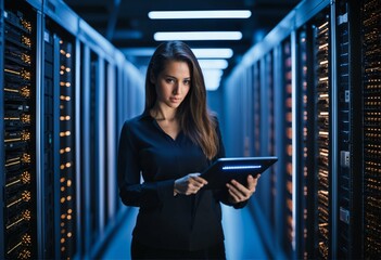 Young woman checks server operation and automation in a data storage room with her tablet