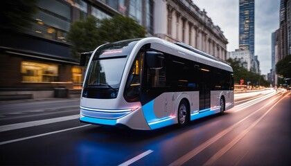 Fototapeta premium Sleek and ultra-modern self-driving autonomous electric bus on city street with neon lights and motion blur