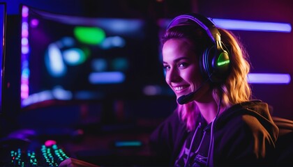 Woman live streaming her video game session in the world of esports and online gaming