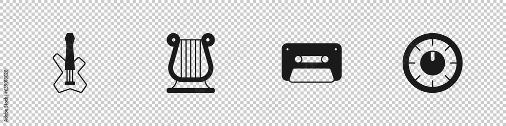 Wall mural Set Electric bass guitar, Ancient Greek lyre, Retro audio cassette tape and Sound mixer controller icon. Vector