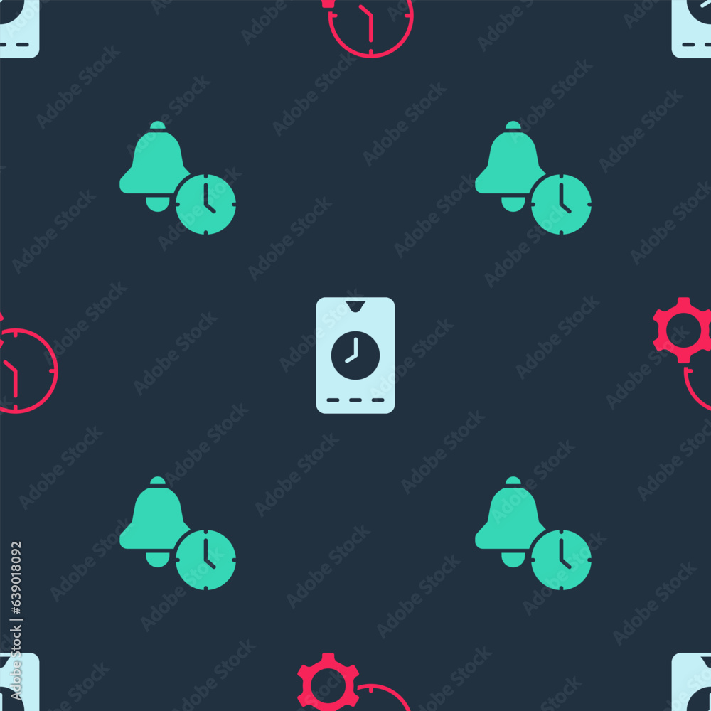 Poster set time management, alarm clock app mobile and on seamless pattern. vector