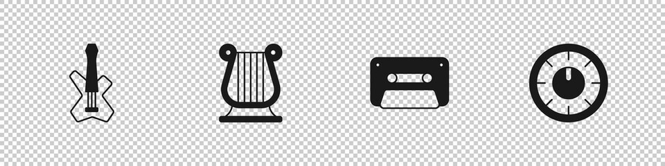 Set Electric bass guitar, Ancient Greek lyre, Retro audio cassette tape and Sound mixer controller icon. Vector