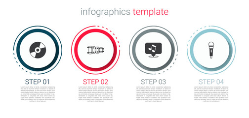 Set Vinyl disk, Xylophone, Music note, tone and Microphone. Business infographic template. Vector