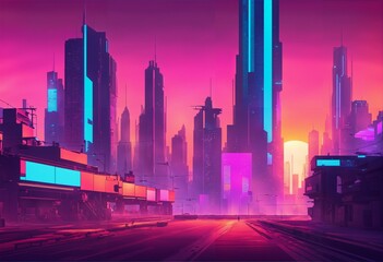 Cyberpunk cityscape with sunset - beautiful, glitchy animation style, wallpaper/background