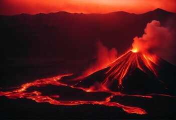 Fototapeta premium Volcano eruption with lava - concept background, natural disaster, fiery flow
