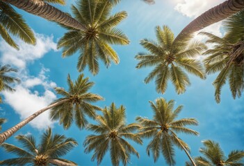 Obraz premium Blue sky and palm trees from below - vintage style, tropical beach, summer background, travel concept