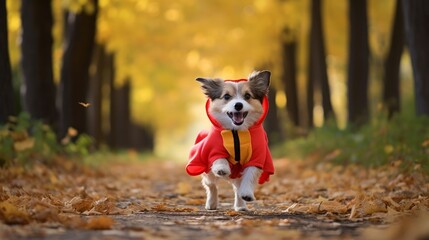 Dog in halloween costume walking  outdoors