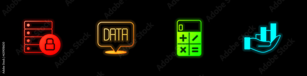 Poster Set Server security with padlock, Data analysis, Calculator and Pie chart infographic icon. Vector