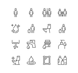 Set of rest room related icons, family wc, do not throw sign, water tap, water drop, cleaning supplies and linear variety vectors.