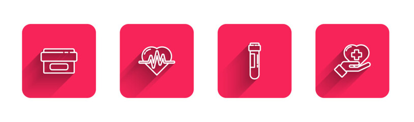 Set line Ointment cream tube medicine, Heart rate, Test with blood and cross with long shadow. Red square button. Vector