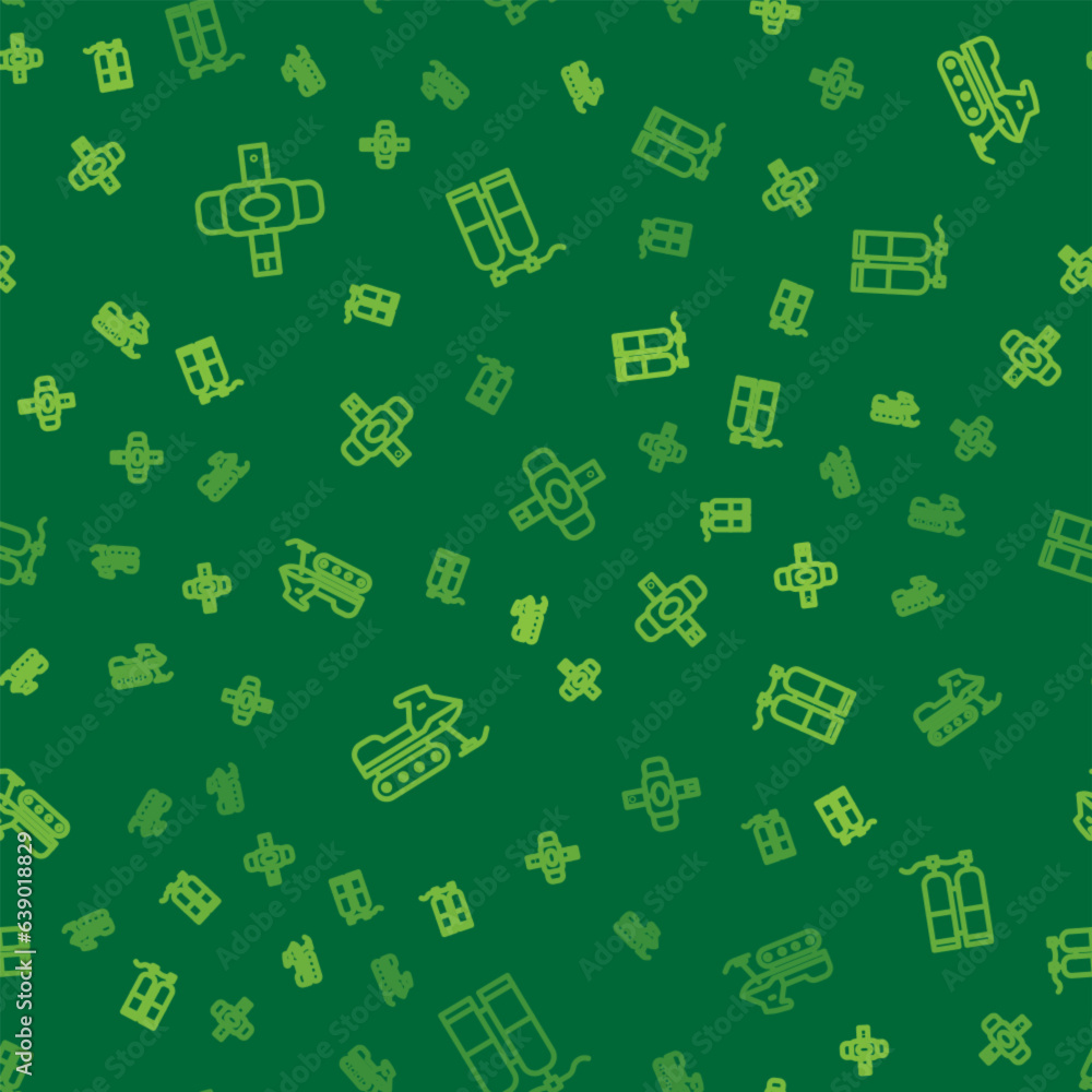 Poster set line knee pads, snowmobile and aqualung on seamless pattern. vector
