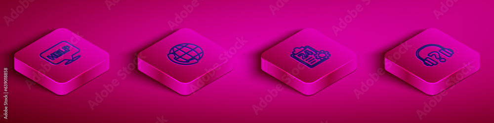 Poster set isometric line speech bubble with text help, telephone 24 hours support, checklist service and h