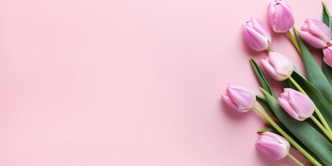 Pink tulips on a pink background, top view, spring bouquet generative ai