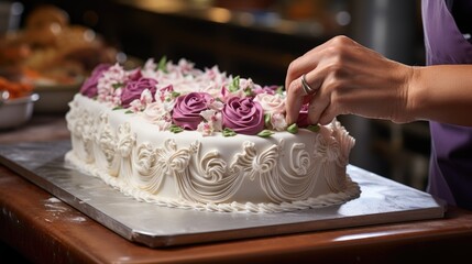 Hands of talented pastry chef making intricate icing designs on cake.