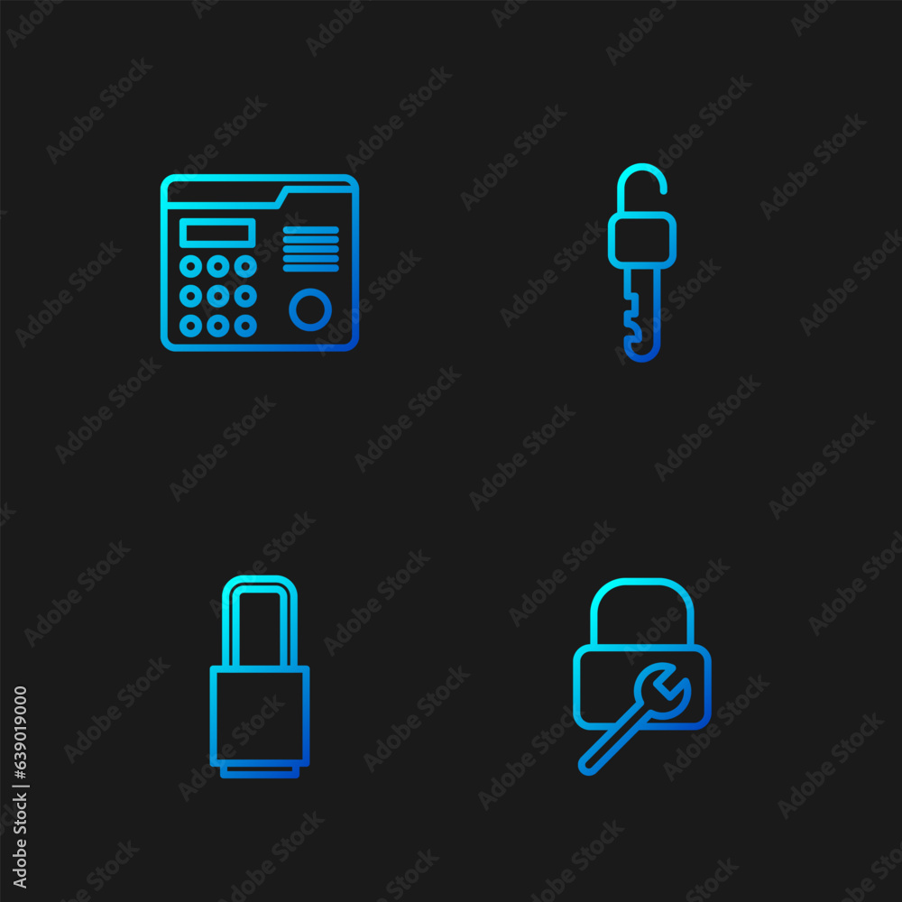 Poster set line lock repair, , house intercom system and unlocked key. gradient color icons. vector