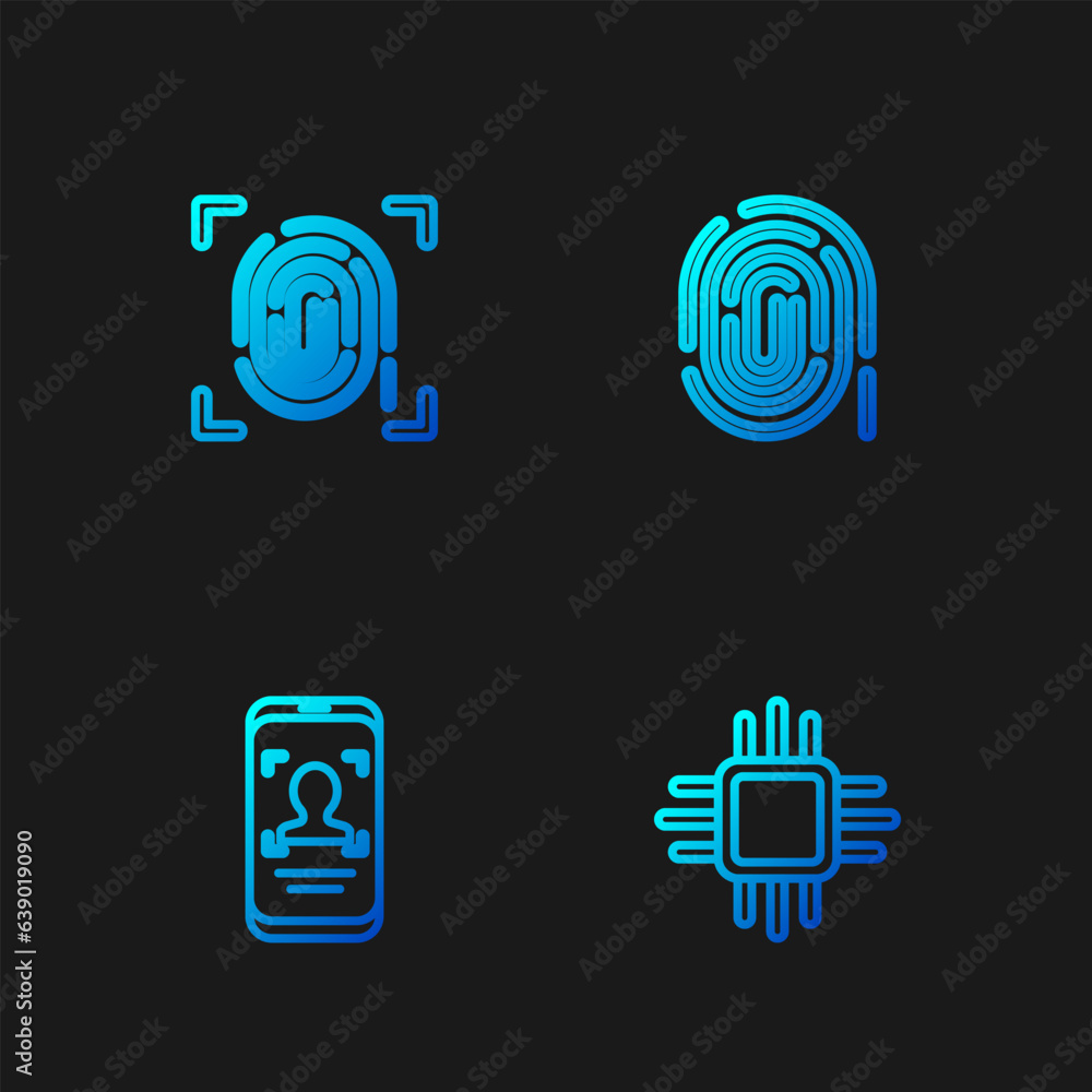 Poster set line processor with microcircuits cpu, mobile and face recognition, fingerprint and . gradient c