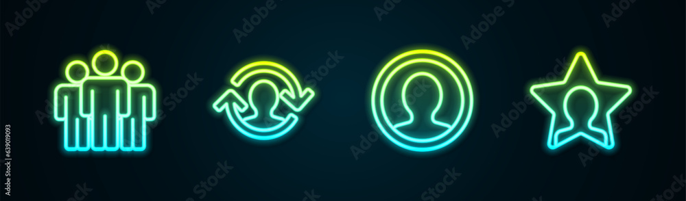 Poster set line users group, human resources, create account screen and head hunting. glowing neon icon. ve
