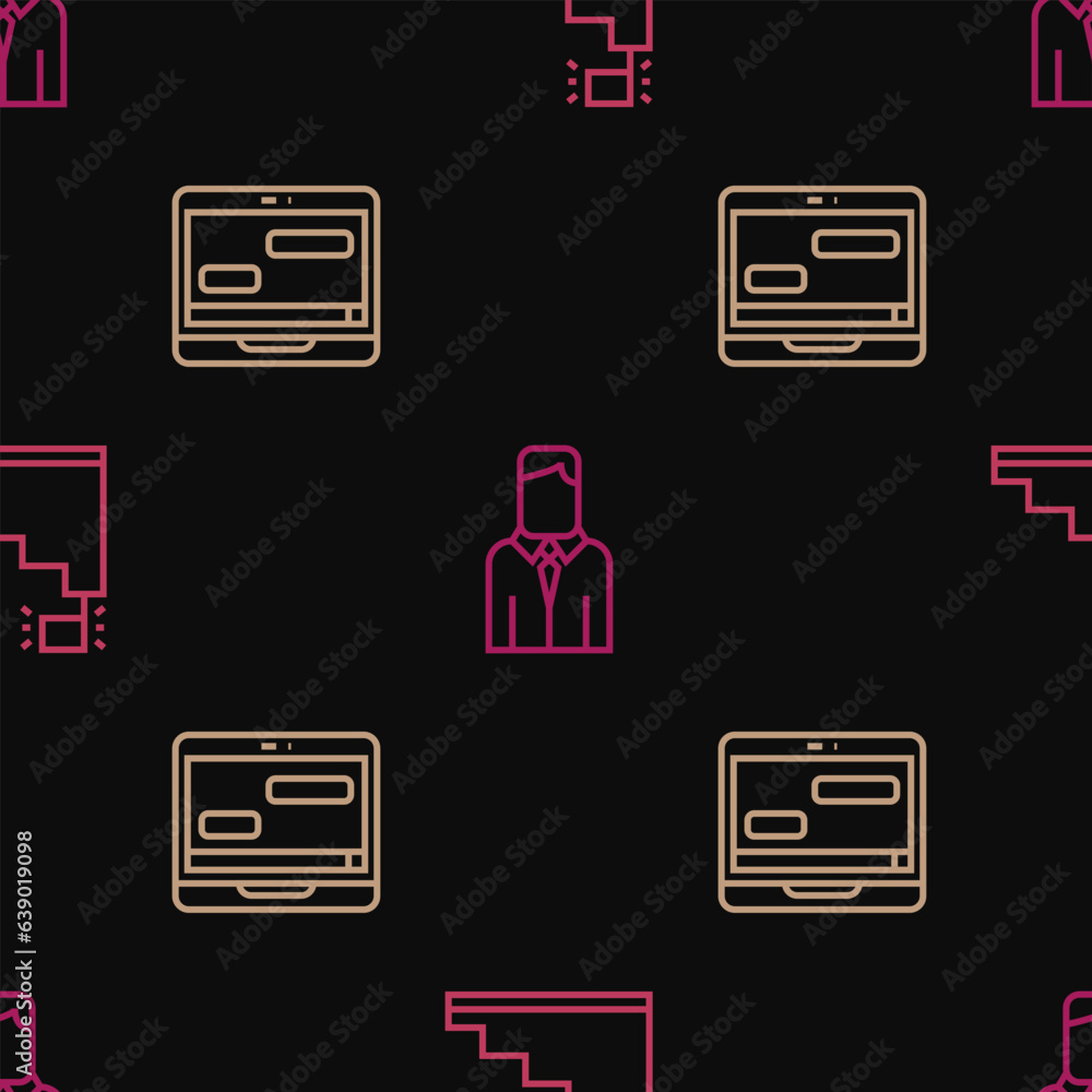 Poster set line stair with finish flag, chat messages on laptop and worker on seamless pattern. vector