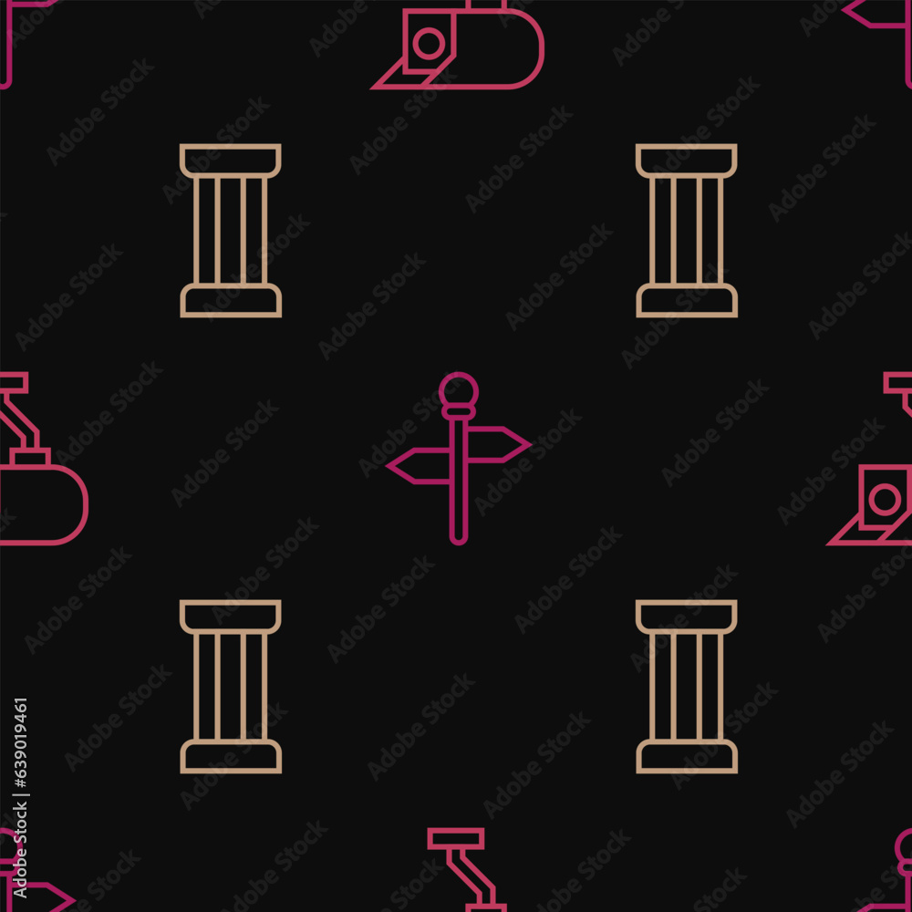 Poster set line security camera, ancient column and road traffic signpost on seamless pattern. vector