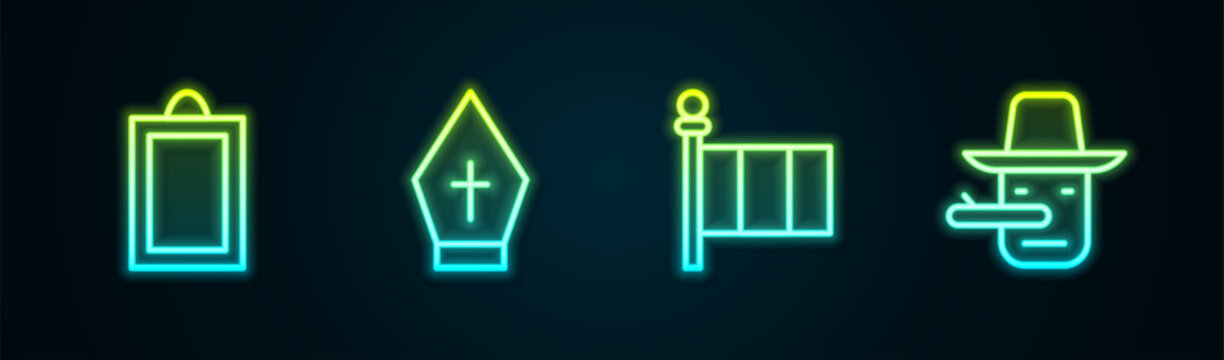 Set line Picture, Pope hat, Flag Italy and Pinocchio. Glowing neon icon. Vector