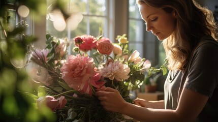 Florist preparing a bouquet of flowers.