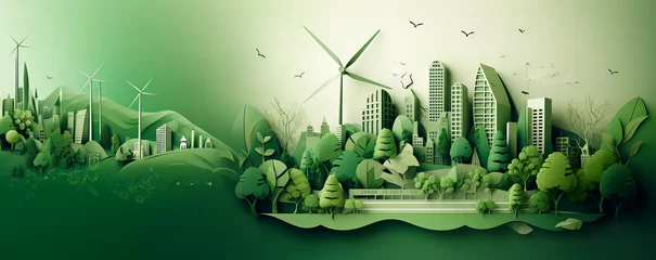  Image of a green leaf created in the paper art style, surrounded by silhouettes of trees, city buildings, windmills, and solar panels. Generative IA © Serhii