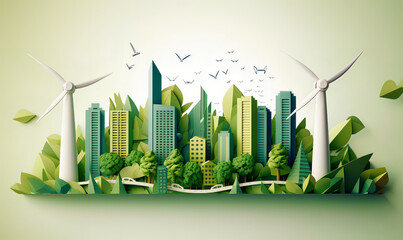 Image of a green leaf created in the paper art style, surrounded by silhouettes of trees, city buildings, windmills, and solar panels. Generative IA