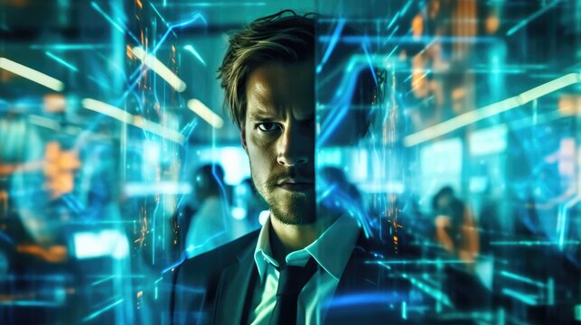 A cybersecurity expert and a complex network visualization.