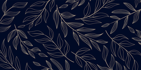 vector background of leaves and branches line art, pattern of golden plants on a blue background, minimalist nature background